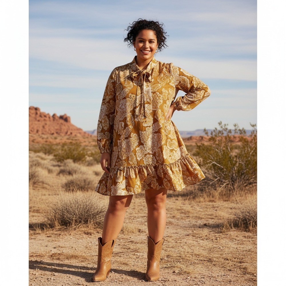 Maeve Tie-Neck Metallic Tunic Dress Womens 3X Gold Paisley Tiered Ruffle Boho